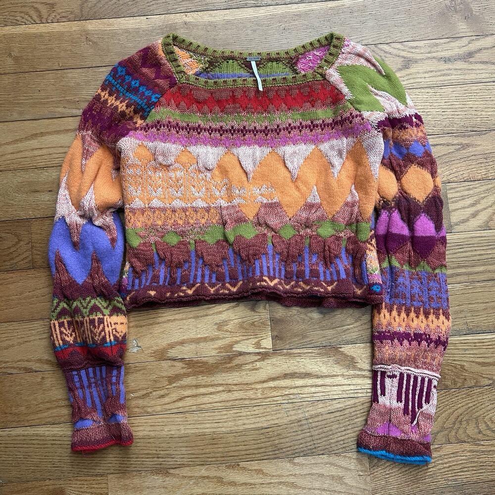 Free People Farmhouse Boho Wool Knit Patchwork Cropped Sweater Small